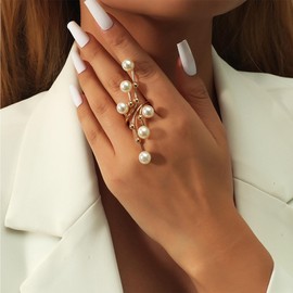 Enautoabs Vintage Pearl Ring Gold Pearl Statement Open Ring Adjustable Pearl Finger Ring Large Pearl Cluster Ring Open Pearl Full Finger Ring Jewelry for Women