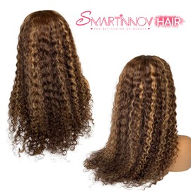 Highlight Lace Front Wigs Human Hair 28 Inch Pre Plucked 4/27 13x4 Ombre Honey Blonde HD Transparent Lace Front Wigs Pre Plucked Deep Curly for Women 150% Density Water Wave Glueless Human Hair Wigs