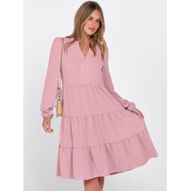 ANRABESS Womens Fall Midi Dresses Long Sleeve V Neck Swing Tiered Work Business Casual 2025 Flowy Beach Vacation Dress Bright Pink X-Large