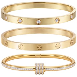 Stackable Bracelets set for Women 14K Gold Plated Stainless Steel, Tennis Bracelet Love & Friendship Bangle, Mothers Day Valentines Birthday Christmas Jewelry Gifts for Mom Her Wife Grandma 3PCS