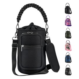 AceTreker 64 oz /87 oz/128 oz Neoprene Water Bottle Sleeve for Insulated Metal Water Jug Bottles, Carrier Sling Bag with Adjustable Shoulder Strap & Paracord Handle and 2 Pocket for Walking-Black