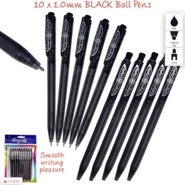 DIGNO Comfy Retractable Ballpoint Pens, BLACK, Medium Point (1.0mm), Pack of 10, Multipack, Smooth Ball Pens, Comfort Rubber Grip, School Home Office Use