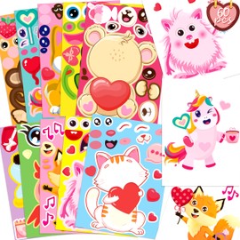 60Sheets Valentines Stickers Crafts for Kids - Make-A-Dog/Cat/Monster/Bear/Frog Face Sticker- Valentine's Day Gifts Goodie Bag Stuffer School Classroom Activity Games Party Favors (Small Size)