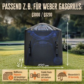AMZBBQ Premium Barbecue Cover Weatherproof – 100 x 110 x 60 cm – 100% Waterproof Cover for Gas & Electric Grill – UV-Resistant Grill Hood with High-Quality Coating for Weber Q3000/Q3200