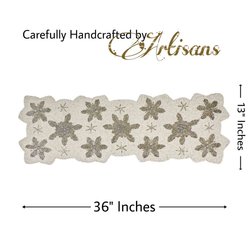 Let it Snow Bead Embroidered Table Runner, White, Silver, 36"x13",