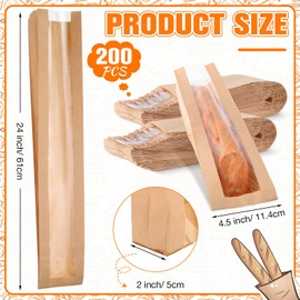 Thenshop 200 Pieces Paper Bread Bag with Window for Homemade Bread Bags Baguette Bags Brown Kraft Loaf Storage Sacks Long French Bread Bags Bread Biscuits Packaging (4.5 x 2 x 24 Inch)
