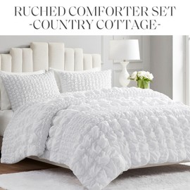 Madison Park Queen Comforter Set Ruched Queen Bedding Set, Elastic Embroidery Comforters Queen Size, All Season, Microfiber Queen Size Comforters, Matching Shams, Evelyn, Full/Queen, White 3 Piece