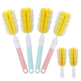 4 Pcs Bottle Brush Sponge, Cup Water Bottle Sponge Brush Cleaner, Detachable Cleaning Brushes for Cleaning with Handle for Baby Glasses Mugs(4Pcs+2 He