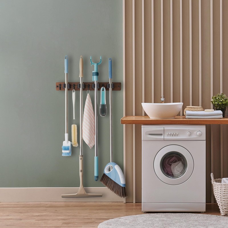 OUTNILI Mop and Broom Holder Wall Mount - Rustic Wood