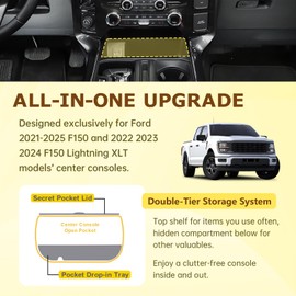 X-TKER Center Console Organizer Set Compatible with Ford 2021-2025 F-150 & 2022 2023 2024 F150 Lightning XLT Truck Accessories – Front Open Pocket Lid Hidden Storage Tray Insert Compartment, 2PCS
