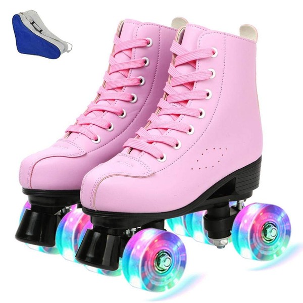 XUDREZ Roller Skates PU Leather High-top Roller Skates Four-Wheel Roller Skates Shiny Roller Skates for Adult, Boys, Girls (Pink flash,39)