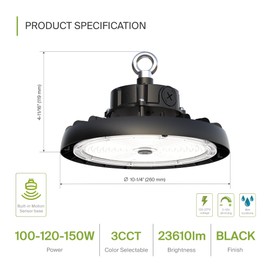 ASD LED High Bay UFO Light Fixture, Commercial Shop Lighting | 3CCT, Dimmable, IP69K Waterproof, DLC Premium, UL Listed | 150W 23600LM 3000-5000K 100-277V | Warehouse, Garage, Workshop Lamp | Black