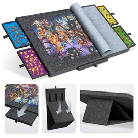 Tektalk Jigsaw Puzzle Table with Integrated Adjustable Stand/Bracket, 3-Tilting-Angle Super Lightweight Felt Puzzle Plateau Board with Cover & 4 Sorting Drawers (Gray, for Up to 1500 Pieces)