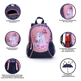 Ragusa-Trade Horse Fan Backpack Children's Backpack for Boys and Girls with Large Compartments and Drinks Net, Blue/Pink (81863)
