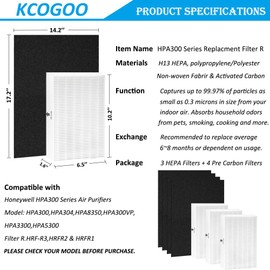 KCOGOO HRF-R3 HPA300 Replacement Filter: Compatible with Honeywell HPA300 HPA304 HPA5300 HPA 8350 Air Purifier - 3 Ture HEPA Filters and 4 Carbon Pre-filters