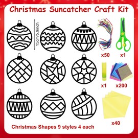 EggSun 36 Sets Christmas Suncatchers Ornament Arts Craft Kit for Kids,Holiday Balls DIY Window Arts and Crafts Kit Stained Glass Tissue Paper for Xmas Projects Home Birthday Party Favors Decorations