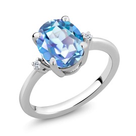 Gem Stone King 3.04 Cttw 925 Sterling Silver Millennium Blue Mystic Quartz and White Topaz Engagement Ring For Women | Oval 10X8MM | Gemstone Birthstone | Available in Size 5,6,7,8,9