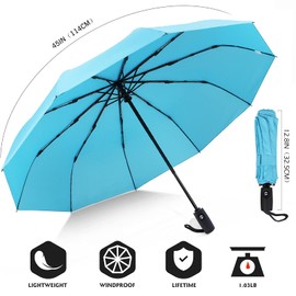 ZOMAKE Travel Umbrella Compact - 10 Ribs Portable Collapsible Umbrellas for Rain Windproof - Paraguas Automatic Small Folding Umbrella Lightweight Packable Umbrella for Women Men(Light Blue)