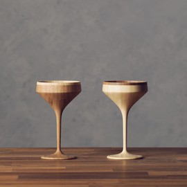 RIVERET RV-111WB Rivet Vessel Cocktail Glasses Martini 120ml Pair Set Bamboo Dishwasher Safe White/Brown