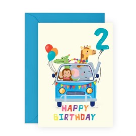 CENTRAL 23 Happy 2nd Birthday Card For Boys Girls Kids - 'BDAY Car Animals Age 2' - Second Birthday Greeting Card For Kids Toddler - Two Year Old - Gifts For Son - Comes With Stickers