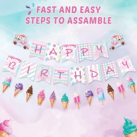 WERNNSAI Birthday Party Banner - Ice Cream Happy Birthday Banner for Kids Party Decoration Ice Cream Theme Birthday Supplies for Girls Summer Birthday Party Decor Hanging Pre-Strung Pink