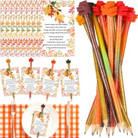 Harloon 50 Set Thanksgiving Gifts Fall Novelty Pencils Including Cute Mini Maple Leaf Erasers Autumn Party Favor Bulk Holiday Cards with Presharpened Pencils for Classroom Students School Prizes