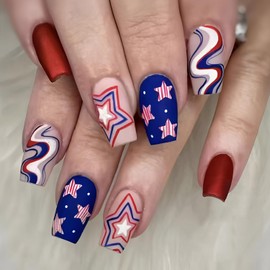 FIEONCIY Independence Day Press on Nails Square Shaped Acrylic Medium Length False Nails with Patriotic Designs Artificial Flag Square Fake Nails July 4th Glue on Fingernails for Women Girls（YS610）