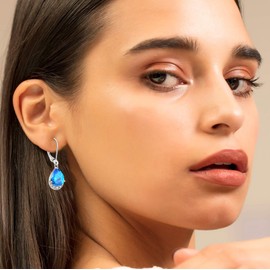 Oskani Dangle Drop Earrings for Women Teardrop Leverback March Birthstone Aquamarine Color Earrings 925 Sterling Silver 5A Cubic Zircon Jewelry Anniversary Birthday Christmas for Wife Her