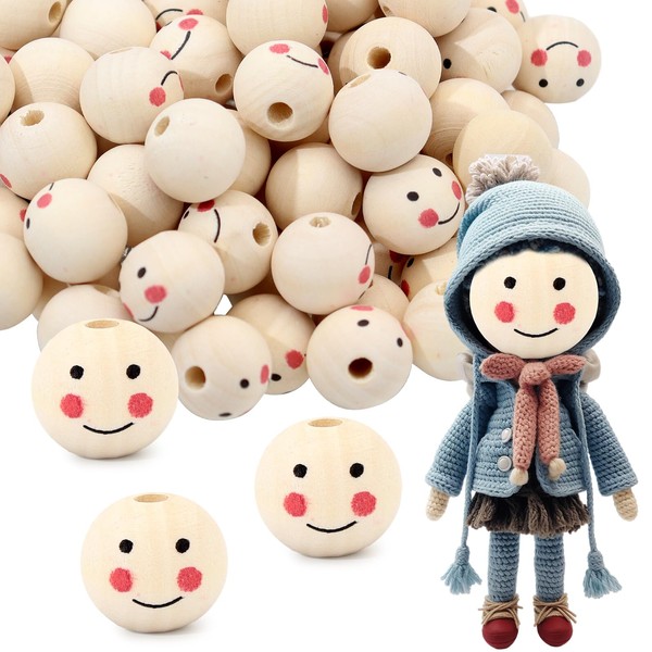 Wooden Beads with Face 20 mm, Pack of 100 Wooden Balls with Face, Natural Wooden Heads with Face, Cute Wooden Balls with Face for Worry, Wooden Ball with Face DIY Decorations (Smiling Face)