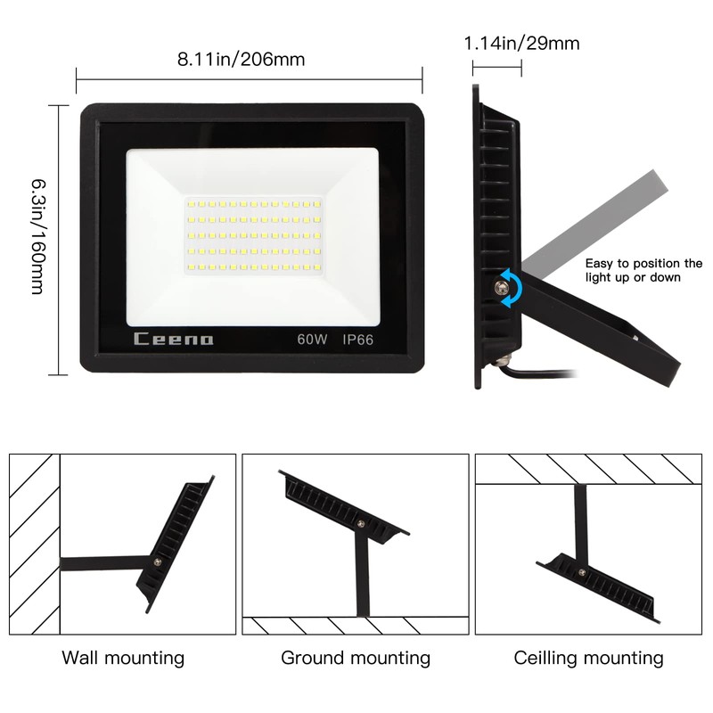 Ceena 2 Pack 60W Plug in LED Flood Light Outdoor,