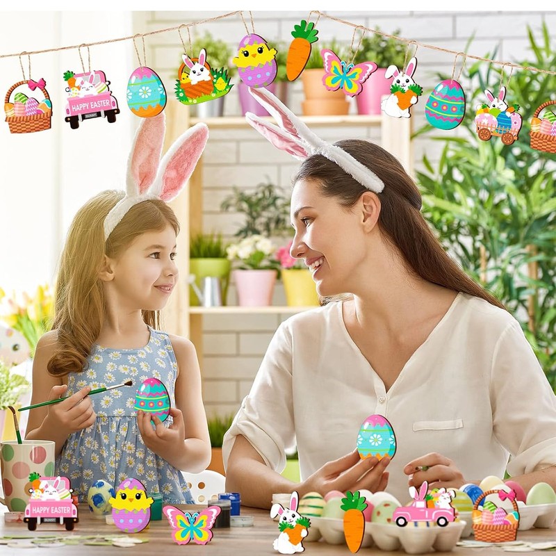 24 Wooden Bunny Easter Pendants with String, 8 cm Eggs,
