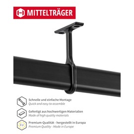 Gedotec Cupboard Rail Bearing Centre Support Bracket for Clothes Rail Oval – Tubes | Metal Black Matt | Wardrobe Rail Holder for Oval Rod 30 x 15 mm | 1 Piece - Rod Holder Coat Rail