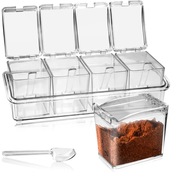 KBNIAN 4 Piece Clear Seasoning Box, Acrylic Seasoning Box Set Seasoning Storage Container Clear Seasoning Rack Spice Pots Condiment Jars with Cover & Spoon for Sugar, Salt, Pepper and Other Spices
