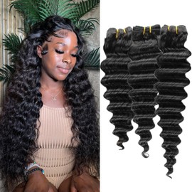 PINJUOO Loose Deep Wave Bundles Human Hair 26 28 30 inch 3 Bundles Loose Wave Bundles Deep Wave Bundles Loose Wave Brazilian Hair Bundles Natural Black Wave Hair