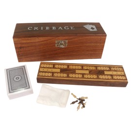 Middle-England 25cm Cribbage Set Playing Cards Board Pegs Box Traditional Game Sheesham Wood