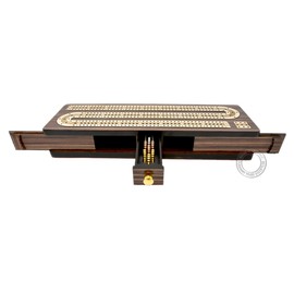 Continuous Cribbage Board/Box Inlaid in Rosewood/Maple 12" - 3 Tracks - Sliding Lid Drawer