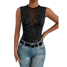 GORGLITTER Women's Tank Top with Mesh Top Sleeveless Party Tops Slim Tops for Festivals, Black with glitter