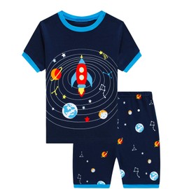 Akyzic Boys Space Pajamas 100% Cotton Rocket Pj 2 Piece Short Sleeve Sleepwear Toddler Summer Galaxy Clothes Kids Planet Pjs Set 8t