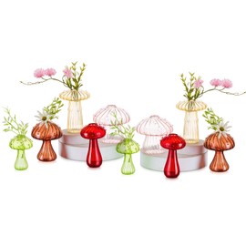 Hewory Glass Mushroom Vase for Flowers, 10pcs Colored Small Bud Flower Vases Unique, Mushroom Propagation Hydroponic Vases, Funky Cottagecore Decor for Home Room Kitchen Office Windowsill Decorations