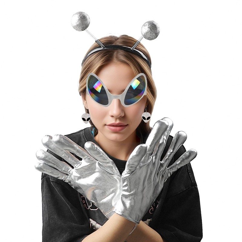 FACATH Silver Alien Costume Headband & Rainbow Lens Glasses Gloves