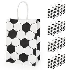 Pinsit 24Pcs Soccer Party Favor Paper Bags, Soccer Themed Party Bags, Soccer Goodie Bags with Handles, Treat Candy Gift Bags for Kids Adults Soccer Party Supplies (White-02)