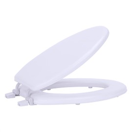 PowerSellerUSA Vinyl Soft Elongated Toilet Seat, Adjustable Hinges Toilet Seats with Non Slip Grip Tight Bumpers, Oval Shape Heavy Duty Plastic Bathroom Toilet Seat Close Lid Set, White