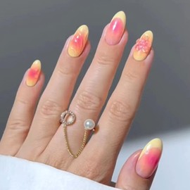 Yellow Press on Nails Round Short False Nails Spring French Tip Nails Press ons with 5D Flower Red Blooming Designs Light Pink Transparent Glue on Nails Oval Glossy Fake Nails for Girls 24Pcs