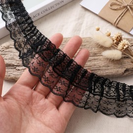 2 Inch Black Chiffon Lace Ruffle Trim 2-Layer Pleated Edge 6 Yards Crafts
