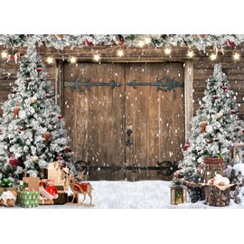 AIIKES 10x8FT Christmas Backdrop Winter Christmas Rustic Barn Wood Door Photography Backdrop Xmas Tree Snow Gift Family Holiday Party Decor Backdrop Photo Studio Props 12-630