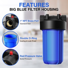 SimPure Whole House Water Filter Housing (DB10P), 10" x 4.5" Sediment Carbon Filter Universal Housing, Pre-Filtration System for Well and City Water, 1" NPT Port, Pressure Release