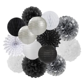 Black-White Silver Party-Decorations Paper-Lanterns - 14pcs New Years Streamers Fan,Tissue Pom Poms,Graduation Men Boys Birthday Wedding Baby Bridal Shower Decor Lasting Surprise