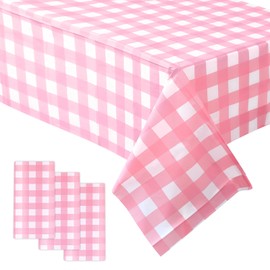 Yylaiire 3 Pcs Pink Gingham Tablecloth, Pink and White Checkered Tablecloth for Parties, Outdoor Picnic,Birthday,Wedding,Disposable Plastic Table Covers for Celebrations and Events 54 x 108 Inch