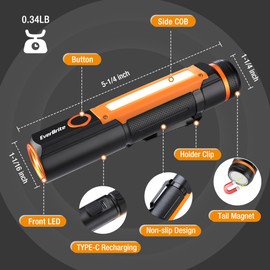 EverBrite Rechargeable LED Emergency Flashlight, 500 Lumens Pocket Flashlight, USB-C Cable, 7 Modes Handheld Flashlights with COB Sidelight, Magnetic Base, Pocket Clip, Light for Camping, Emergency