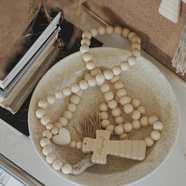 RUIRUICO Wood Bead Garland with Tassels, Blessed Decor with Wooden Cross, Beaded Cross for Farmhouse Decor (57 Inches)